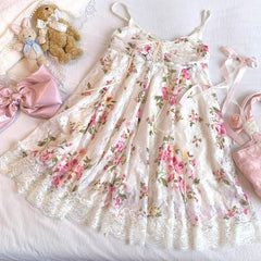 Cyflymder  Sweet Lolita Style Dress Women Vintage Elegant Flower Print Bandage Lace Dresses Girls Japanese Kawaii Party Mini Princess Dress
