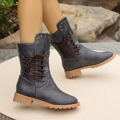 Cyflymder Autumn Winter Lace Up Mid Length Boots Women Retro Rivet Large Size Pu Leather Boots Fashion Solid Thick Heel Ladies Boots