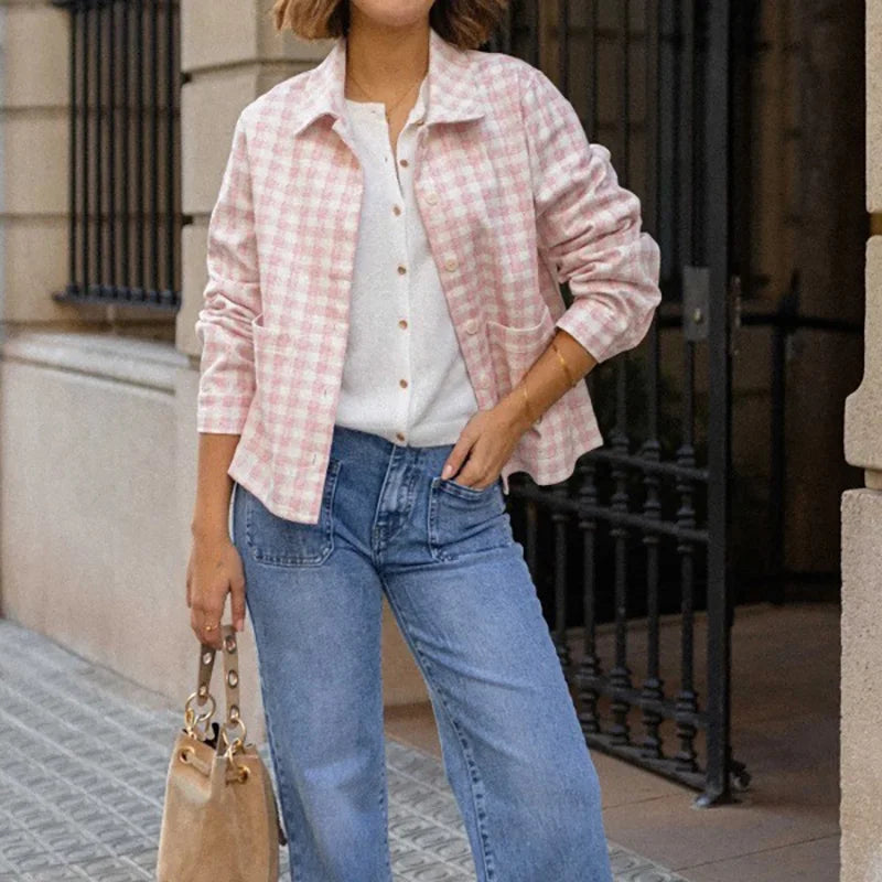 Cyflymder  Autumn Fashion Lapel Collar Loose Short Coat Winter Elegant Plaid Print Jacket Button Commuter Women Casual Long Sleeve Cardigan