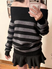 Cyflymder  Slash Neck Striped Sweaters for Woman Spring Black Grey Long Sleeve Knitted Pullover Top Casual Vintage Preppy Style Jumper