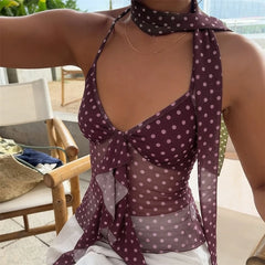 Cyflymder  Vintage Polka Dot Lettuce Edge Aline Halter Tie Cami Mesh Splice Sleeveless Top For Women Party Date Night Romantic Birthday