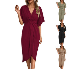 Cyflymder  V-neck Irregular Pleated Casual Temperament Short Sleeve Dresses Temperament Commuter Wrap Type Kinky V-neck Dresses ropa mujer