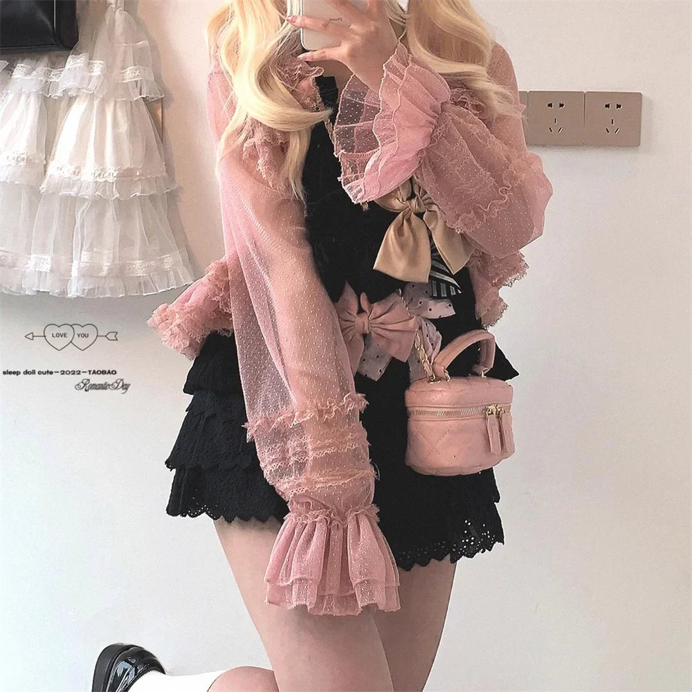 Cyflymder  See Through Long Sleeve Japanese Shrugs Autumn Mesh Ruffle Sweet Cropped Jacket Thin Air Conditioning Shirt Short Sun Protection