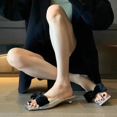 Cyflymder  Summer Women'S Fashion Bowknot Square Toes Slippers Open Toe Comfort Sandals Slippers Casual High Heels Slipper 3344