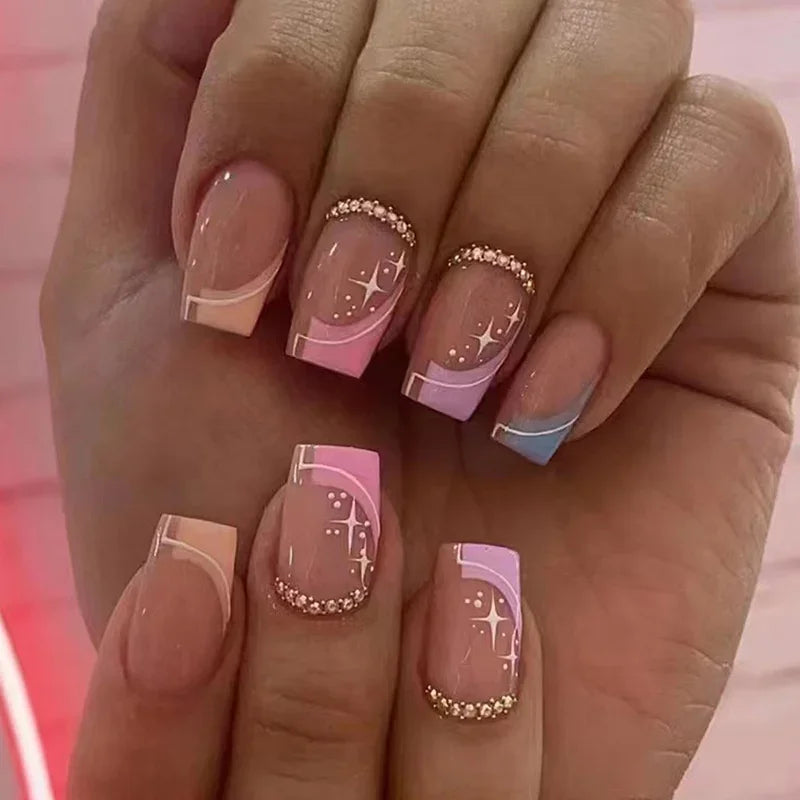 Cyflymder  24pcs Simple French False Nails With Gel White Square Head Fake Nails With Designs Short Press On Nails Natural Artificial Nail