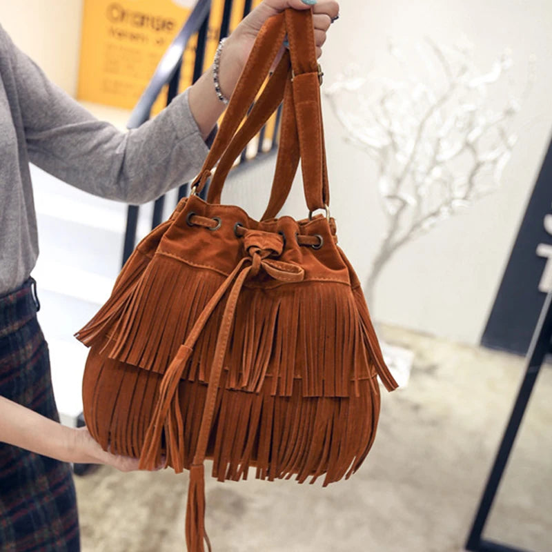 Cyflymder Fashion Retro Faux Suede Fringe Women Messenger Bags Tote New Handbag Tassel Shoulder Handbags Crossbody Bag Tassel Bucket
