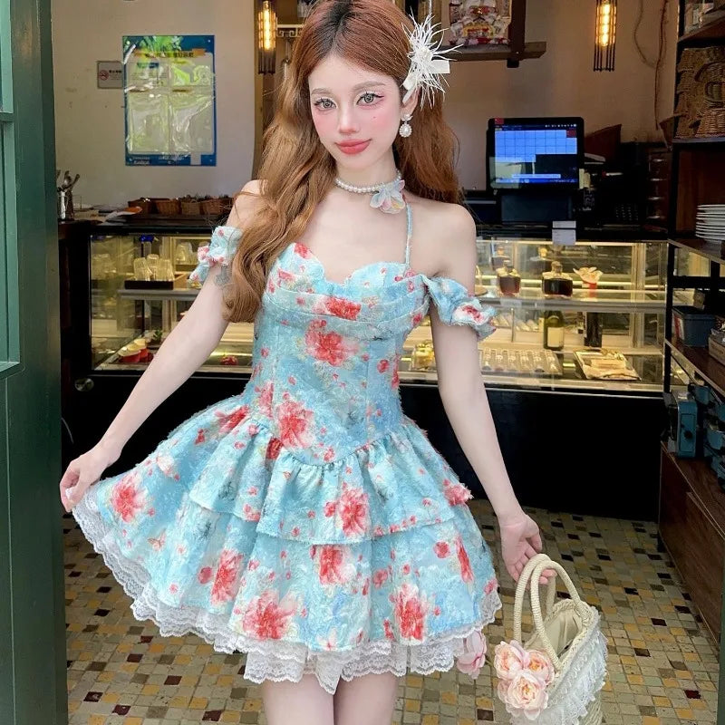 Cyflymder  Vintage Dresses Women Sweet Blooming Floral Oil Painting Lace Patchwork Puff Sleeve Backless Ball Gown Mini Dress