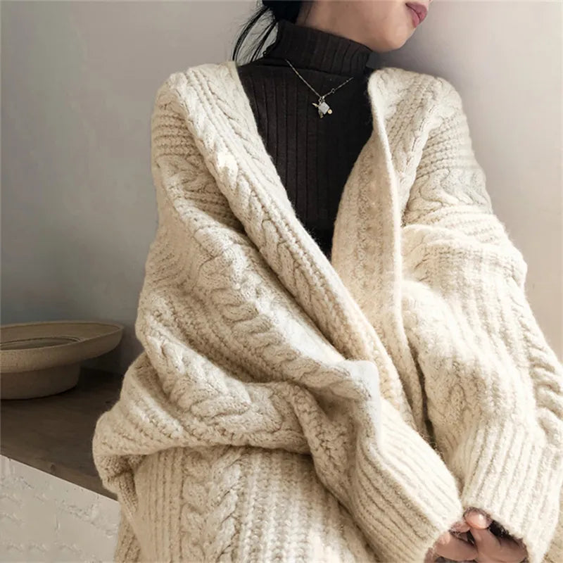 Cyflymder Women Loose Warm Long Cardigan Coat Solid Long Sleeve Knit Thicken Sweater Coat Women Autumn Winter Streetwear Outerwear