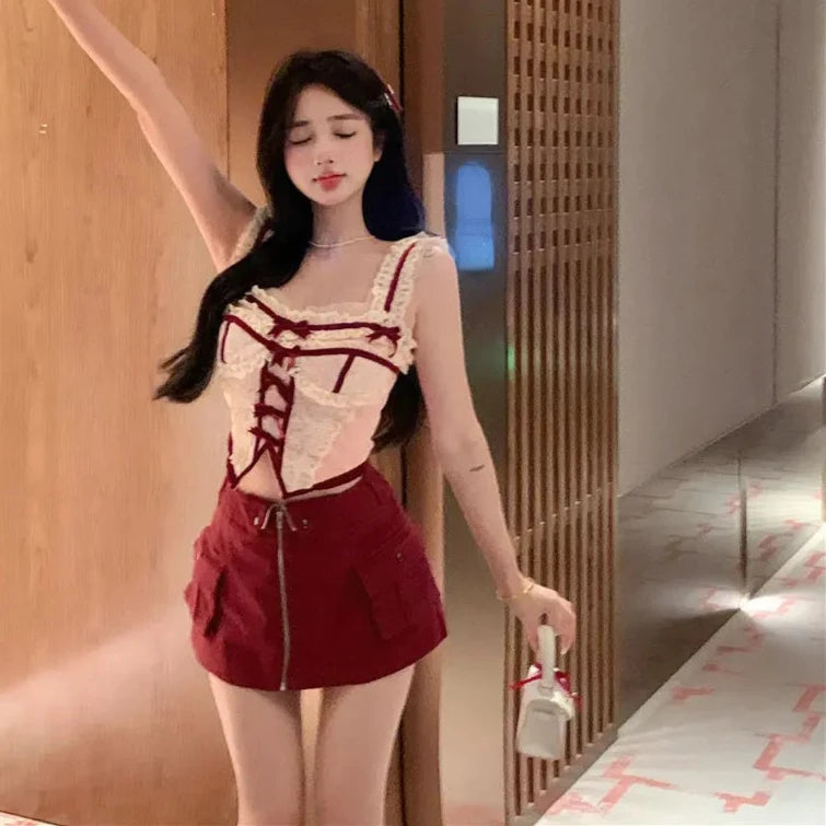 Cyflymder FASHION OUTFITS Kawaii Lolita Style Two Piece Set Women Lace Bow Embroidery Irregular Tank Top Red Mini Skirt Suit Korean Fashion Clothing