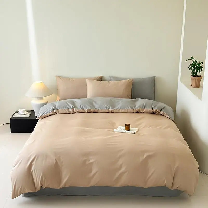 Cyflymder  100% Cotton Single Twin Double Solid Color Reversible Bedding Set Soft Comfortable Duvet Cover Bed/Fitted Sheet Pillowcases