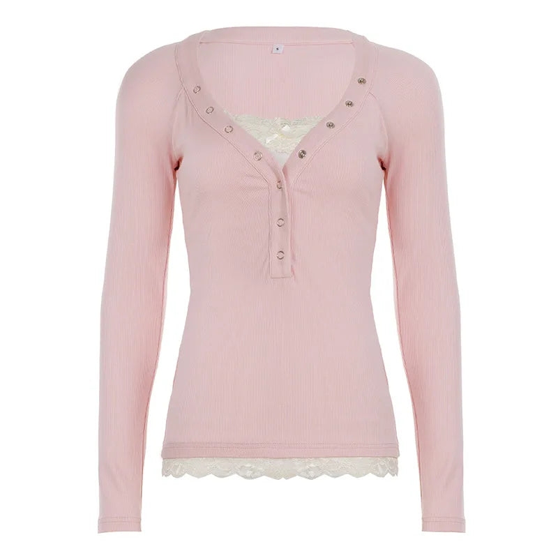 Cyflymder  Sweet Autumn Slim Fake Two Piece V Neck Long Sleeve Lace Patchwork All Match T-Shirts