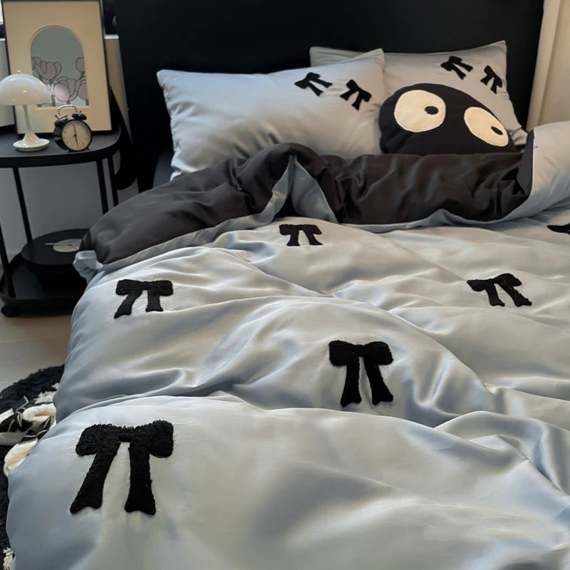 Cyflymder  Nordic Style Rayon Silk Bow Embroidery Bedding Sets Ice Silk Duvet Covers Bed Sheet Pillowcases Queen/king Bedclothes for Summer