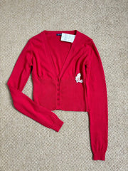 Cyflymder  Red Knitted Short Sweater Cardigan Woman Autumn V-neck Single Breasted Long Sleeve Knitwear Top Casual Simple Solid Crop Tops