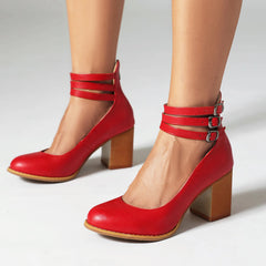 Cyflymder  Plus Size Wood Grain Thick Heels Retro Casual High Heels Ankle Three Row Buckles Shallow Breathable Summer Women's Pumps