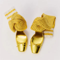 Cyflymder   Women Satin Square Toe Bow Mules  Stiletto Platform High Heels With Rhinestone Knit Slouch Leg Fashion Runway Party