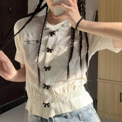 Cyflymder  Sweet Sexy Single Breasted Butterfly Design Front Shoulder Knitted Short-sleeve American All Match Slim-fit Outer Top T-shirt