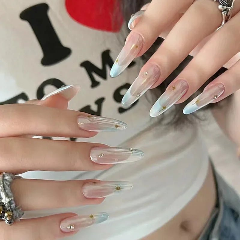 Cyflymder  30Pcs Wine Red Fake Nails With Gradient Print Design Long Stiletto False Nails Wearabe Almond Press on Nails Full Cover Tips