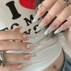 Cyflymder  30Pcs Wine Red Fake Nails With Gradient Print Design Long Stiletto False Nails Wearabe Almond Press on Nails Full Cover Tips
