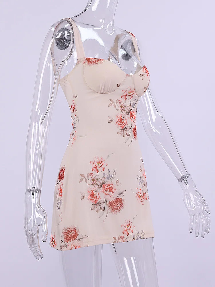 Cyflymder  Floral Mesh Straps Mini Dresses Women Summer Sexy Low Cut Empire Bodycon Vestidos Beach Holiday Print Short Dress
