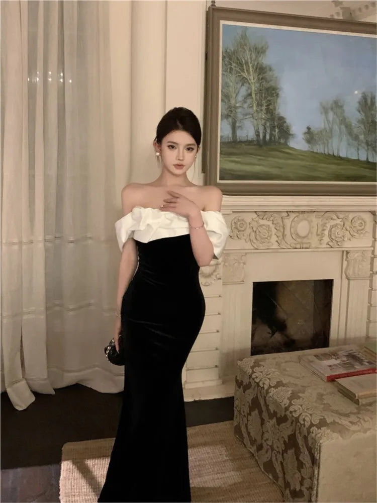Cyflymder  Mermaid Dresses Women Sexy Slash Neck Off Shoulder Ruffles Patchwork Elegant Slim Evening Party Dress Female Backless Vintage
