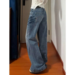 Cyflymder  New American Vintage Edgy Low Waist Washed Jeans Women Lightning Crack Flared Wide Leg Floor Length Versatile Denim Pants