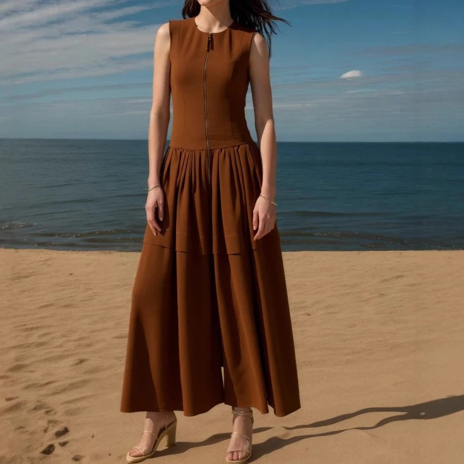 Cyflymder  Fashion Brown New Sleeveless Crew Neck Front Zipper High Waist Cascade Dress