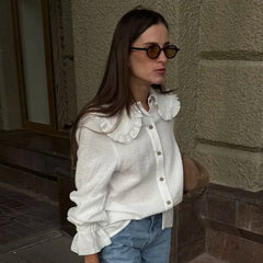 Cyflymder  Cotton Spliced Ruffled White Shirts for Women Peter Pan Collar Lantern Sleeve Patchwork Buttons Shirt Autumn Style