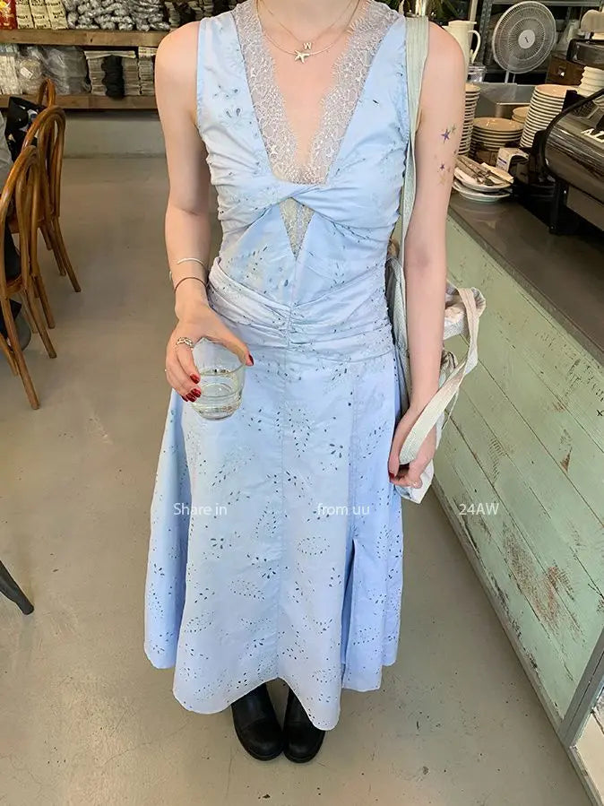 Cyflymder  Dusty Blue Mixed Lace Cutout Sundress Women Waist Defined Sleeveless Flowy Summer Embroidered Tiered Hem Floral Print