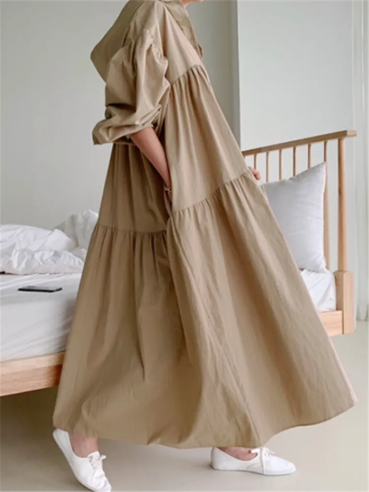 Cyflymder New Hooded Oversize Women's Shirts Dresses Puff Sleeve Solid Casual Loose Straight Long Dress Female Spring Autumn