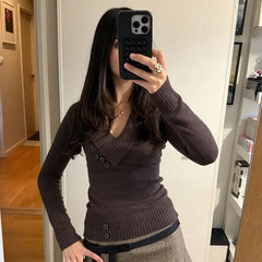 Cyflymder  Women's V-neck Punk Buckle Sweater Retro Long Sleeve Goth Style Streetwear Casual Fashion High Street Original Punk Sweet Girl