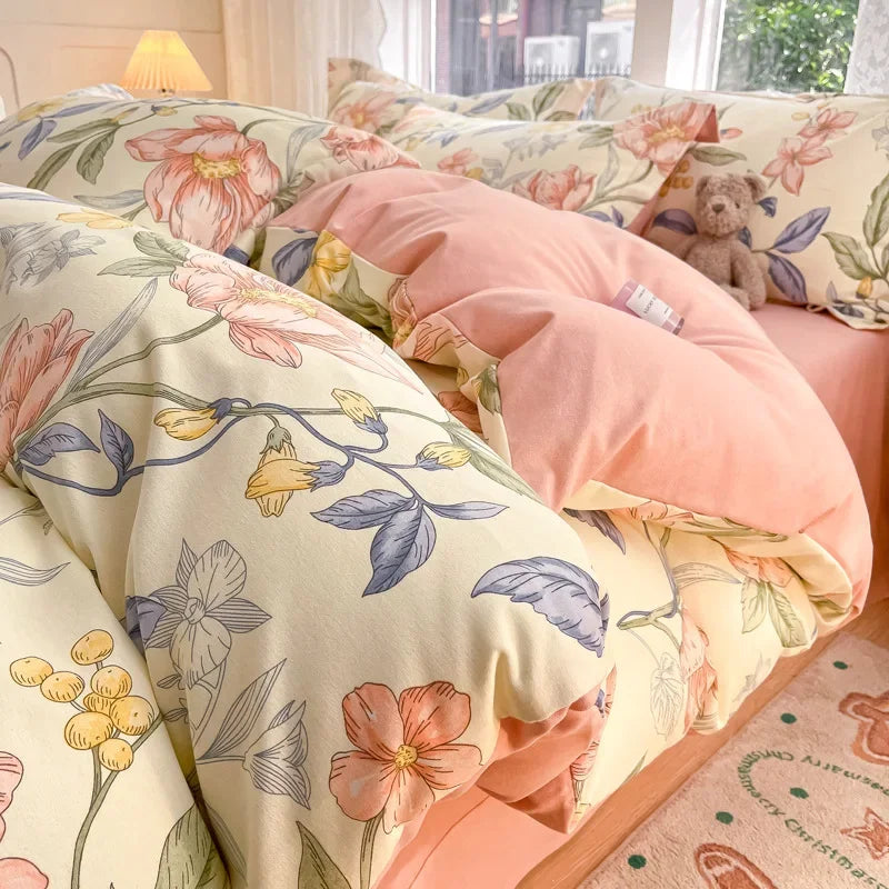 Cyflymder  Pastoral Plant Printed 100% Cotton Thick Bedding Set 160X210Cm Quilt Sets for Adults Warm Soft Duvet Cover for Autumn Winter