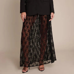 Cyflymder  Coquette Grunge Sheer Lace Maxi Skirt Built-in Thongs Design Low Elastic Waist Flowy Skirt Elegant Lady Grunge See-Through Skirt