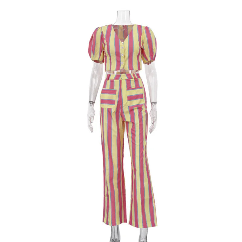 Cyflymder  Striped V Neck Puff Sleeve Two Piece Set Button Front Top High Waist Flared Pants Summer Vacation Lady Vibrant Outfit