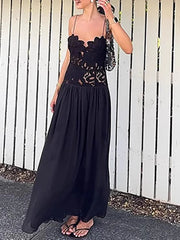 Cyflymder  Women Fashion Sleeveless Backless Beach Long Dress Lace Embroidery Off Shoulder Black Dress Sexy Suspender Pleated Holiday Dress