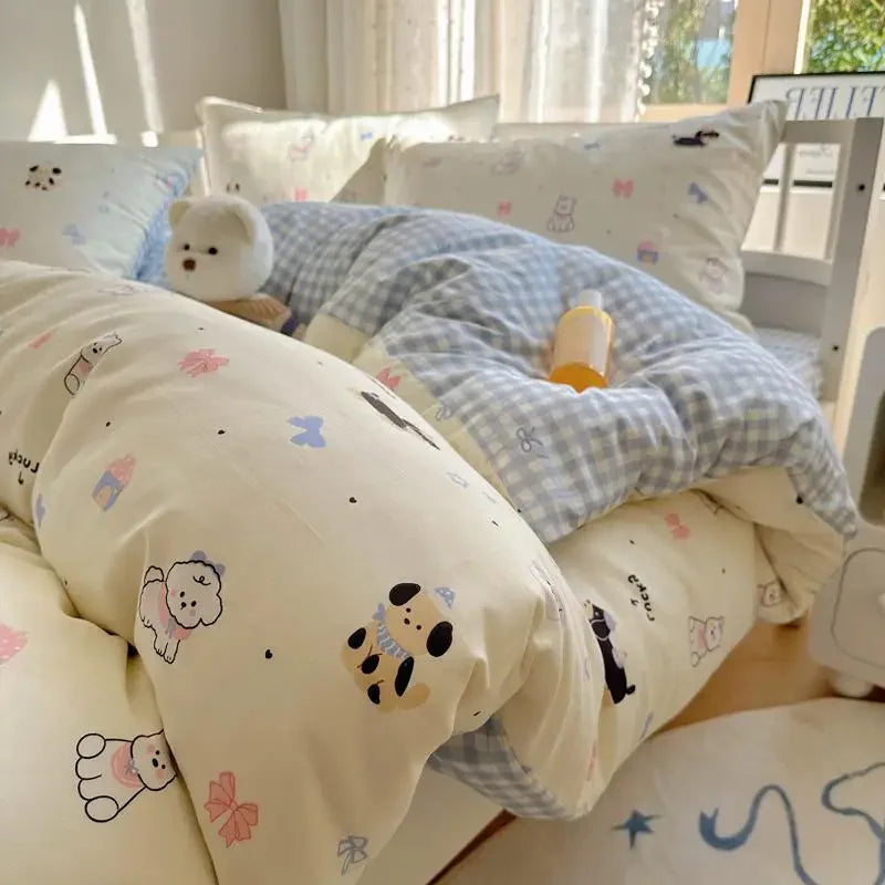 Cyflymder 4Pcs Pure Cotton Cartoon Pattern Printed Quilt Cover Breathable Colorfast Fitted Sheets Super Soft Dirt Resistant Bedding Set