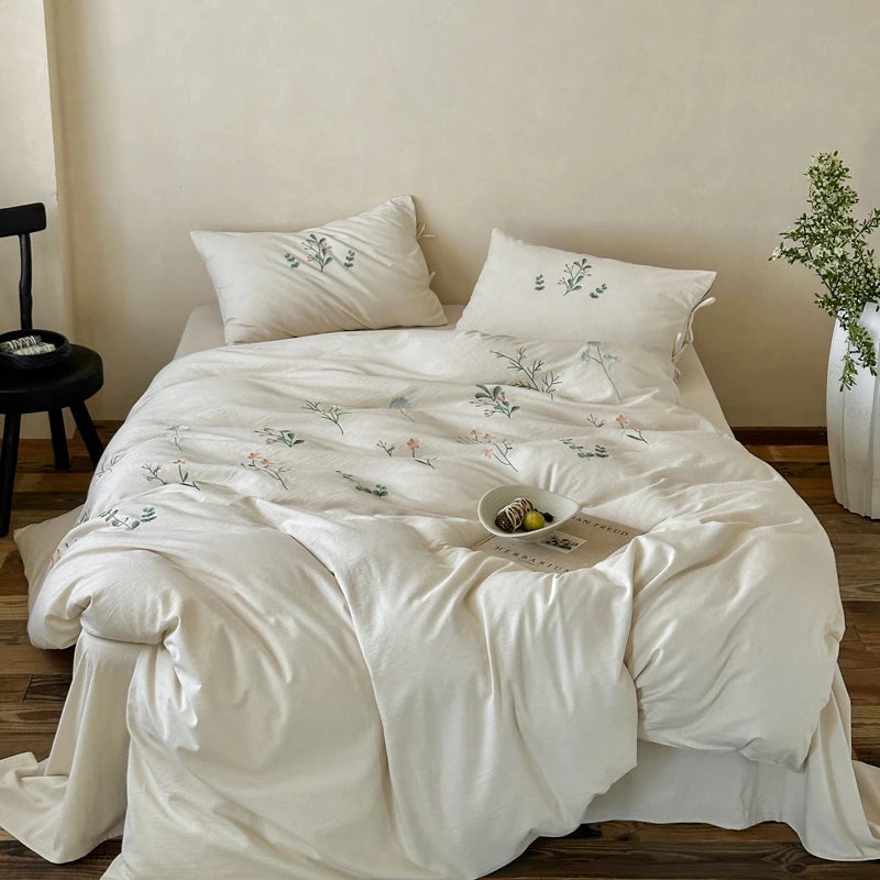 Cyflymder  Linen Cotton Jacquard Flowers Embroidery Bedding Set Queen King Size Duvet Cover Set Flat/Fitted Bed Sheet Pillowcases 4Pcs