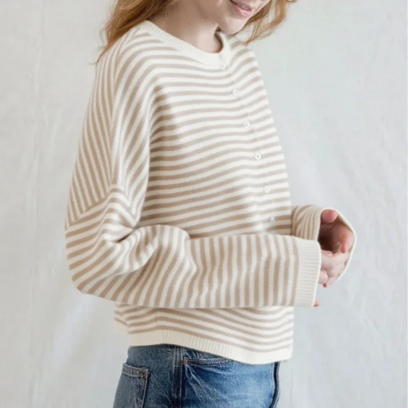 Cyflymder  Stripe Women's Cardigan O-neck Single Breasted Full Sleeve Casual Loose Female Knit Cardigan 2025 Autumn Cozy Fashion Lady Coat
