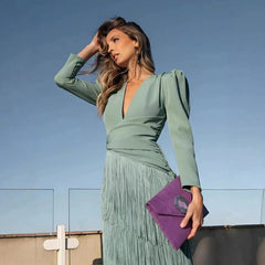 Cyflymder  Women Elegant Tassel Splicing Evening Dress Solid Ruched V Neck Long Sleeve French Slim Female Cocktail Party Chic Maxi Dresses