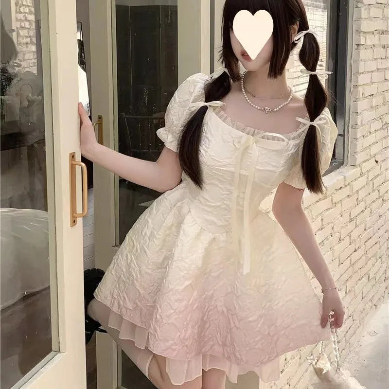 Cyflymder  Elegant Sweet Gradient Princess Puffy Dress Summer New French Style Petite Waist Slimming Fit Pure And Sexy Look