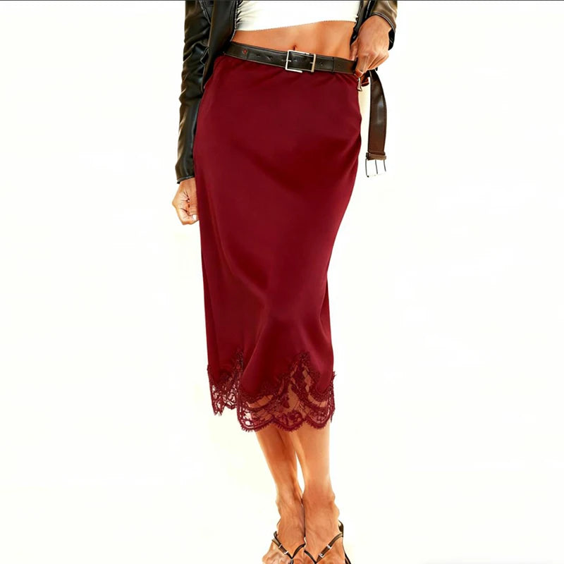 Cyflymder  Women Sexy Lace Satin Pencil Skirt Classic Elegant High Waist Silk Flowy Half Slip Underskirt Office Lady Midi Skirt