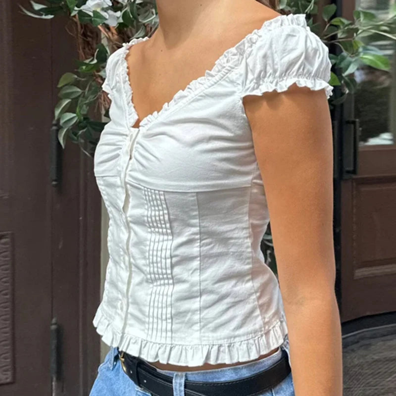 Cyflymder  Preppy Button Down Blouse Tops Y2k Vintage Cap Sleeve Women T-shirt 00s Fairy Frill V Neck Crop Tops Milkmaid Vest