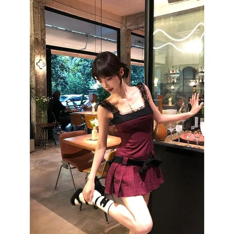 Cyflymder  2025 New Temperament Red Plaid Dress Summer Fashion Niche Design Sense Lace Camisole Pleated Women Dresses Trend
