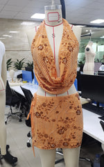 Cyflymder  Women Two Piece Skirt Set Sequined Beaded Flower Halterneck Backless Vest with Tie-up Mini Skirt Summer Party Outfit