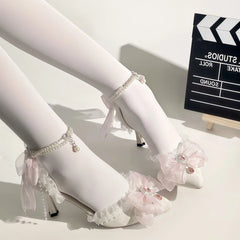 Cyflymder  white blue elegant woman heels lolita shoes y2k heels white heel lace Mary jane shoes women's wedding shoe bridal heels