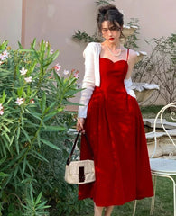 Cyflymder NEW YEAR DRESS TO IMPRESS Summer French Vintage Strap Dress Women Red Elegent Korean Party Midi Dress Female Sexy Backless Evening Beach Fairy Dress