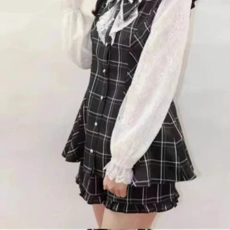 Cyflymder Japanese Style Sweet Lolita Party Dress Women Gothic Bow Lace Ruffles Plaid Long Sleeve Slim Dress Vintage Elegant Mini Dresses