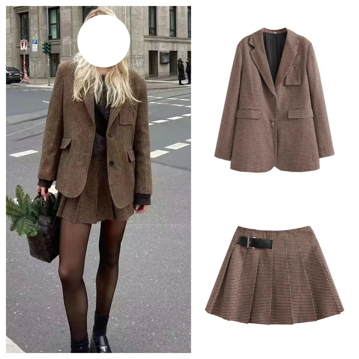 Cyflymder Autumn New Loose and Slim Suit Coat Leather Buckle Decoration Wide Pleated Skirt Pants Two Piece Set