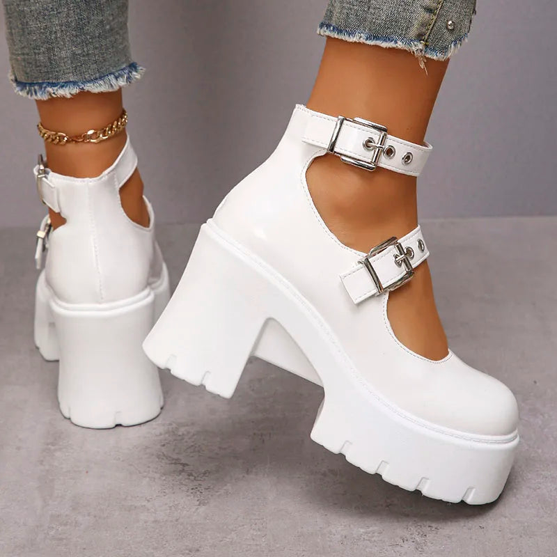 Cyflymder Chunky Platform Punk Gothic Shoes Women Ankle Buckle Super High Heels Pumps Woman Pu Leather Square Heel Mary Jane Shoes