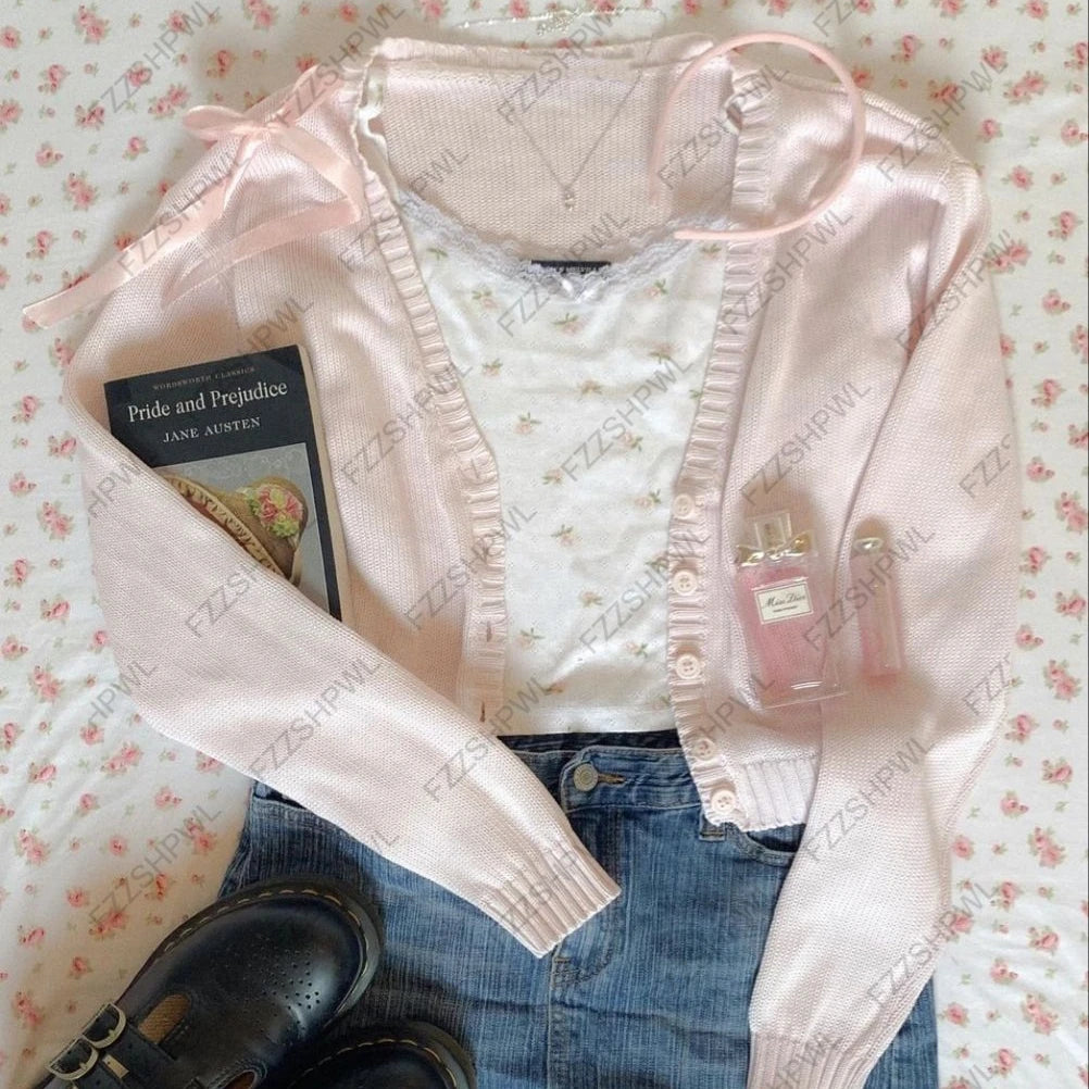 Cyflymder  Coquette Ruffle Knit Cardigan Women Cropped Soft Waffle Knit Solid Pink Satin Bow Spring Daily Layering Girl Outerwear