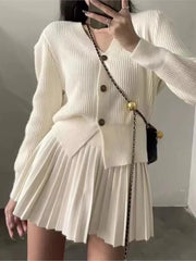 Cyflymder Y2K Casual Knitted 2 Piece Set Single Breasted V-neck Top High Waist Mini Pleated Skirt Korean Fashion Solid Outfits Autumn  New